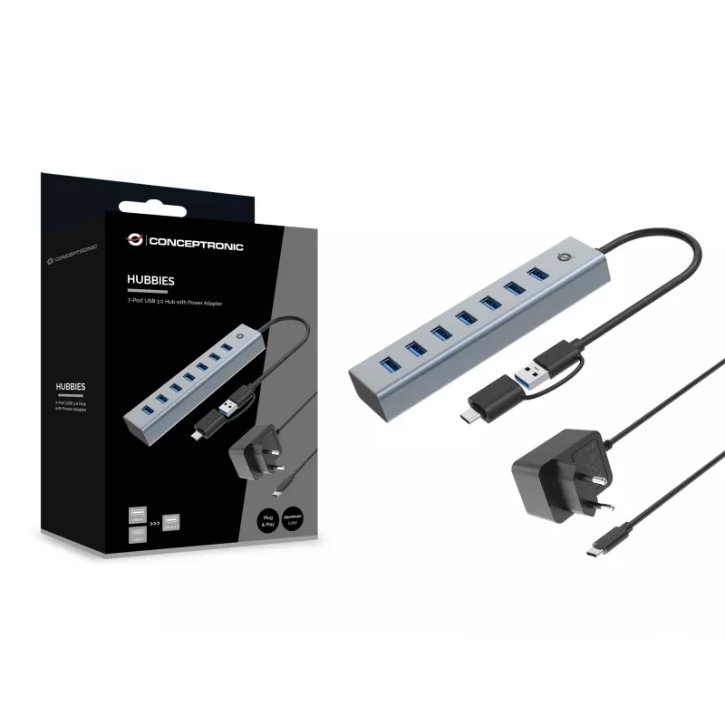 Conceptronic HUBBIES21GP 7-porttinen USB 3.0 -keskitin virtalähteellä, 5 Gbit/s, USB-A x 7