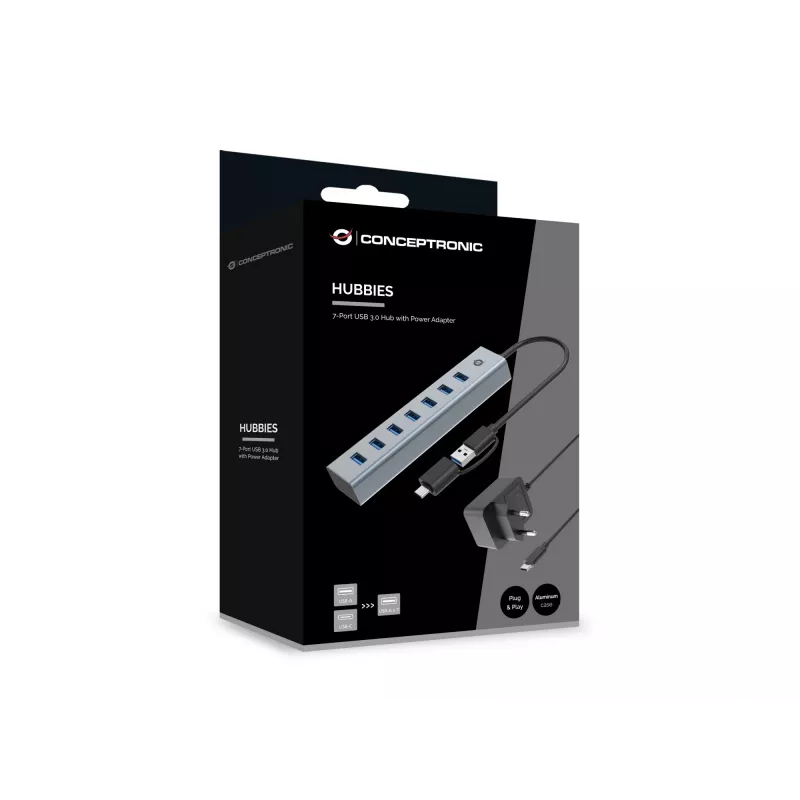 Conceptronic HUBBIES21GP 7-porttinen USB 3.0 -keskitin virtalähteellä, 5 Gbit/s, USB-A x 7