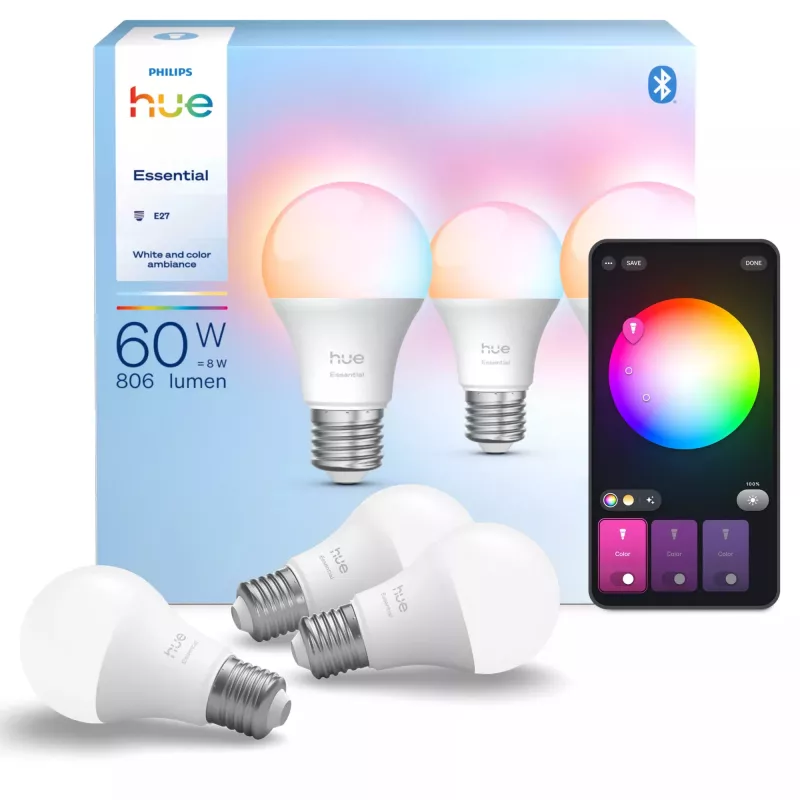 Philips Hue White and colour ambience Essential A60 – E27 älylamppu – 806 lm – 8W – 3 kpl:n pakkaus