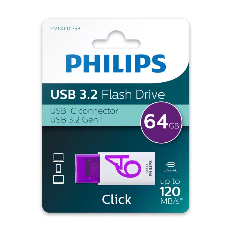 Philips Click USB-muistitikku 64 GB USB Type-C 3.2 Gen 1 (3.1 Gen 1) violetti, valkoinen