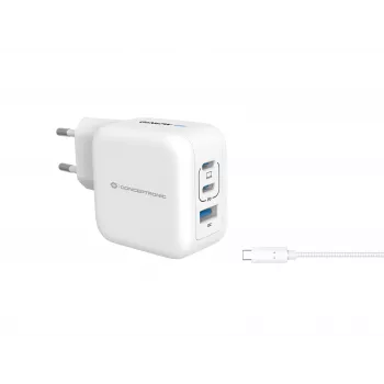 Conceptronic 3-porttinen 67W GaN USB PD -laturi USB-C-latauskaapelilla, USB-C x 2, USB-A x 1, QC 3.0, PPS