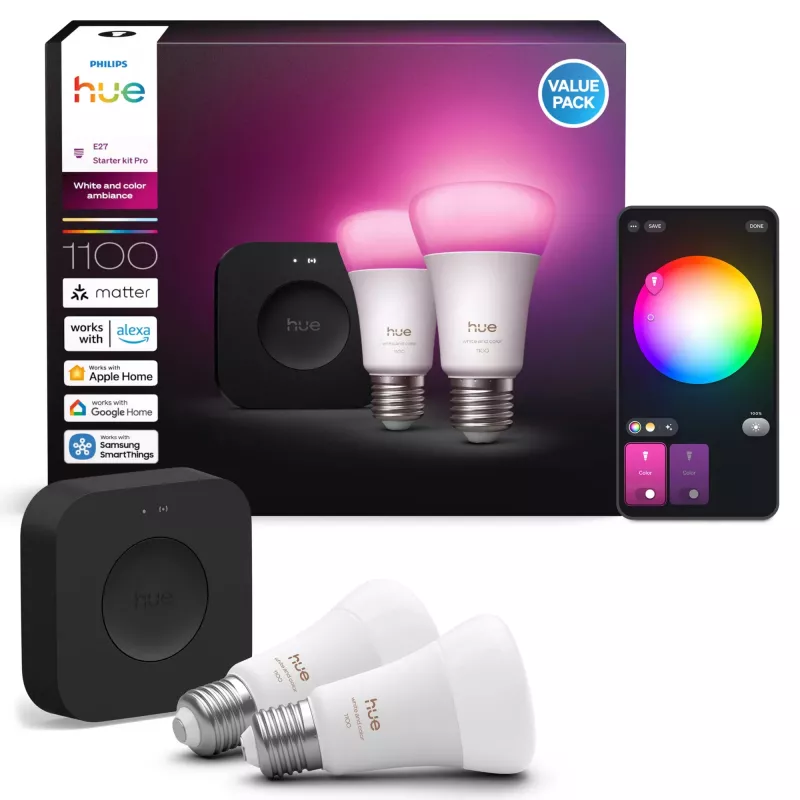 Philips Hue White and Colour Ambiance aloituspakkaus, Hue Bridge Pro + 2 x E27 A60 LED-lamppua, Bluetooth/Zigbee, 1100 lm