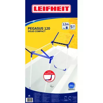 Lattialla seisova pyykkiteline Leifheit Pegasus 120 Solid Compact, taitettava metalli/muovi, 12 m kuivausala, 920×440×1490 mm