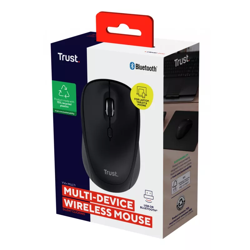 Trust Yvi+ -hiiri yleiskäyttöön molempikätinen RF Wireless + Bluetooth optinen 1600 DPI