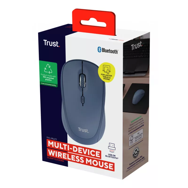 Trust Yvi+ -hiiri yleiskäyttöön molempikätinen RF Wireless + Bluetooth optinen 1600 DPI