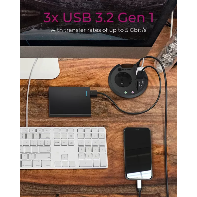 ICY BOX IB-HUB1430-CR pöytään upotettava USB 3.2 Gen 1 -moniporttinen keskitin, musta