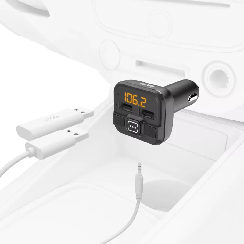Hama 00014163 FM-lähetin / virtasovitin matkapuhelimelle, tabletille, AUX-IN, USB-IN, musta