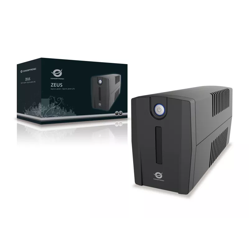 Conceptronic ZEUS01ES UPS, 650 VA (0,65 kVA), 360 W, 2x Schuko, HID USB, RJ45 sisään/ulos, 220-240 V, musta