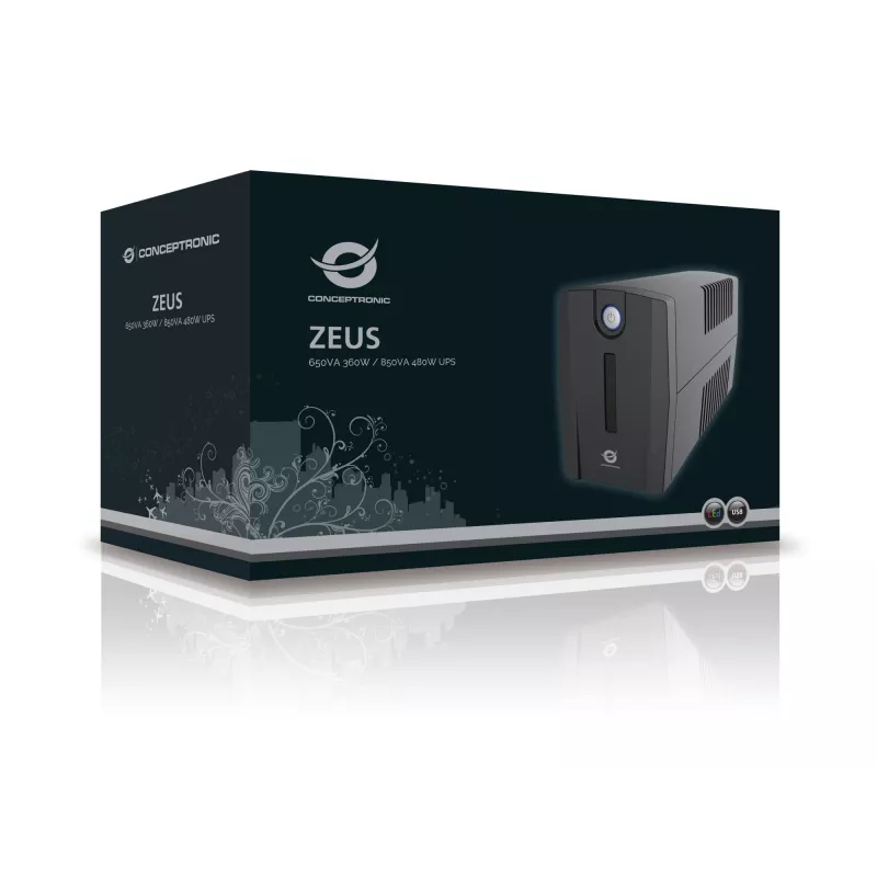Conceptronic ZEUS01ES UPS, 650 VA (0,65 kVA), 360 W, 2x Schuko, HID USB, RJ45 sisään/ulos, 220-240 V, musta