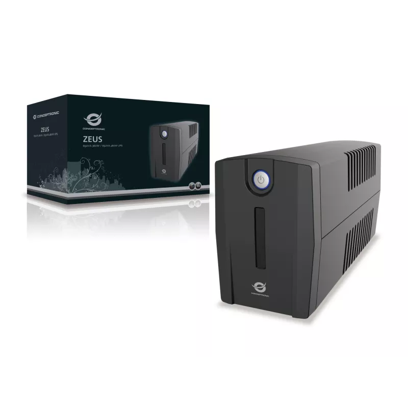 Conceptronic ZEUS02ES linjainteraktiivinen UPS, 850 VA (0,85 kVA), 480 W, 2x Schuko, HID USB, RJ45 sisään/ulos, 220-240 V, musta