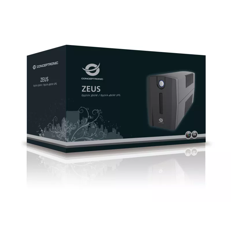 Conceptronic ZEUS02ES linjainteraktiivinen UPS, 850 VA (0,85 kVA), 480 W, 2x Schuko, HID USB, RJ45 sisään/ulos, 220-240 V, musta