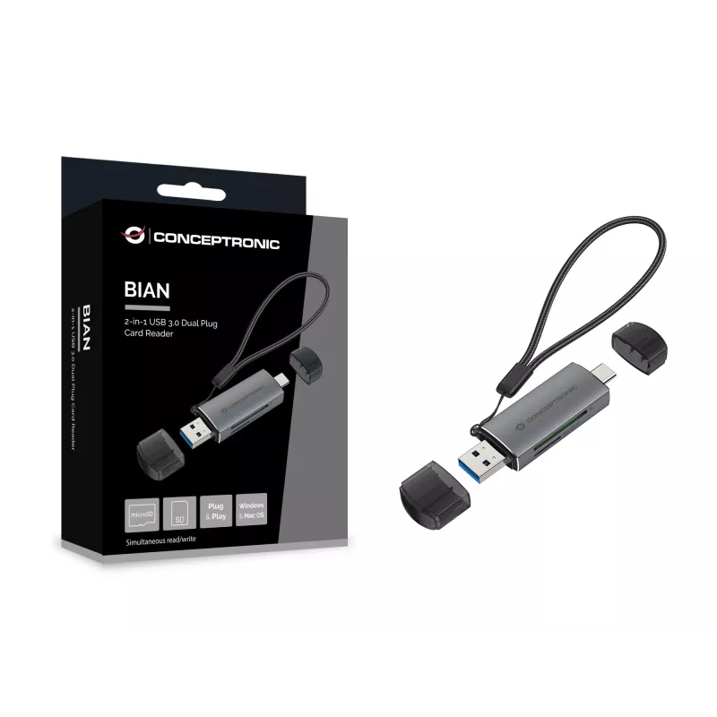 Conceptronic BIAN05G 2-in-1 USB 3.0 Dual Plug -kortinlukija, SD/MicroSD 3.0, UHS-I