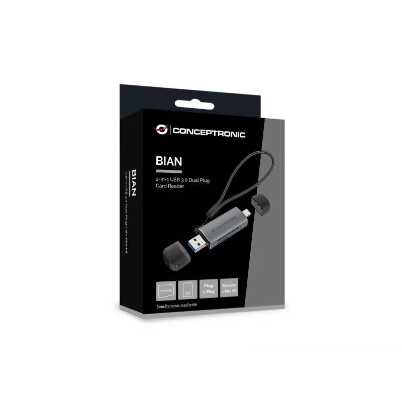 Conceptronic BIAN05G 2-in-1 USB 3.0 Dual Plug -kortinlukija, SD/MicroSD 3.0, UHS-I