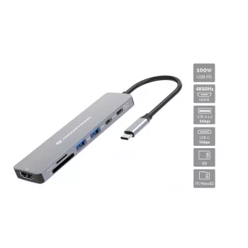 Conceptronic DONN28G 7-in-1 USB 3.2 Gen 1 -telakointiasema, 4K60Hz HDMI, USB-A 5Gbps x 2, USB-C 5Gbps, SD, TF/MicroSD, 100W USB PD