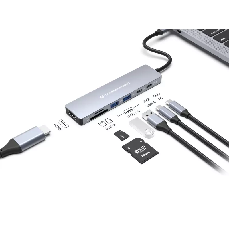 Conceptronic DONN28G 7-in-1 USB 3.2 Gen 1 -telakointiasema, 4K60Hz HDMI, USB-A 5Gbps x 2, USB-C 5Gbps, SD, TF/MicroSD, 100W USB PD