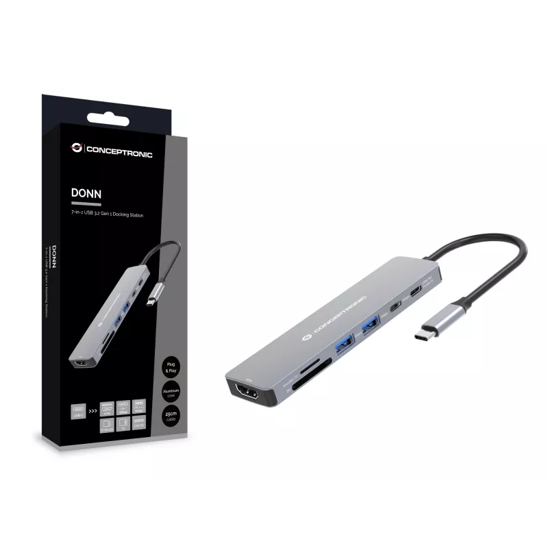 Conceptronic DONN28G 7-in-1 USB 3.2 Gen 1 -telakointiasema, 4K60Hz HDMI, USB-A 5Gbps x 2, USB-C 5Gbps, SD, TF/MicroSD, 100W USB PD