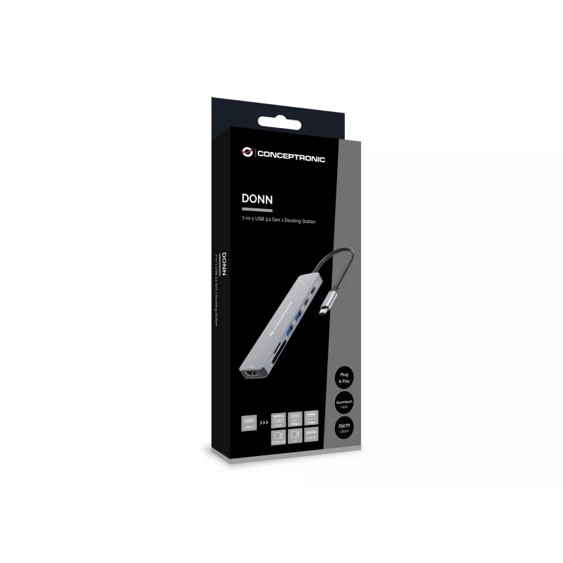Conceptronic DONN28G 7-in-1 USB 3.2 Gen 1 -telakointiasema, 4K60Hz HDMI, USB-A 5Gbps x 2, USB-C 5Gbps, SD, TF/MicroSD, 100W USB PD
