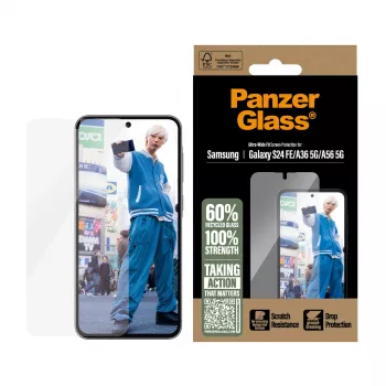 Karkaistu PanzerGlass-näytönsuojalasi Samsung Galaxy S24 FE / A36 / A56 — koko pinnan suoja, naarmu- ja iskunkestävä