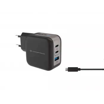 Conceptronic 3-porttinen 67W GaN USB PD -laturi USB-C-latauskaapelilla, USB-C x 2, USB-A x 1, QC 3.0, PPS