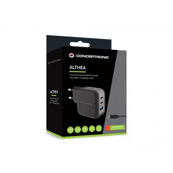 Conceptronic 3-porttinen 67W GaN USB PD -laturi USB-C-latauskaapelilla, USB-C x 2, USB-A x 1, QC 3.0, PPS