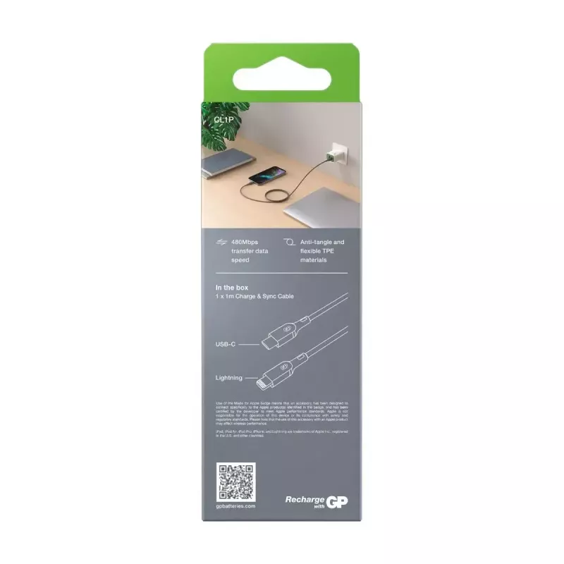 Kaapeli GP Batteries CL1P 1m harmaa Lightning USB C