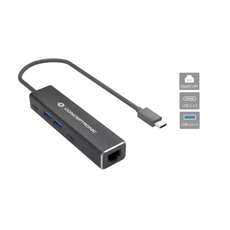 Conceptronic ABBY13B Gigabit Ethernet USB 3.2 Gen 1 -sovitin USB-keskittimellä, GbE, USB-A x 2, USB-C x 2