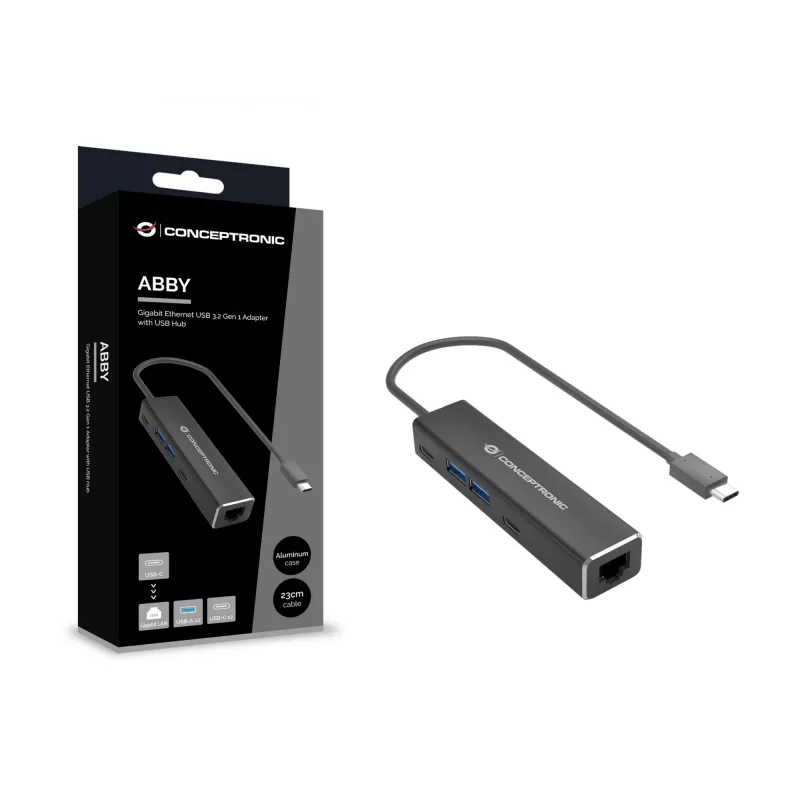 Conceptronic ABBY13B Gigabit Ethernet USB 3.2 Gen 1 -sovitin USB-keskittimellä, GbE, USB-A x 2, USB-C x 2