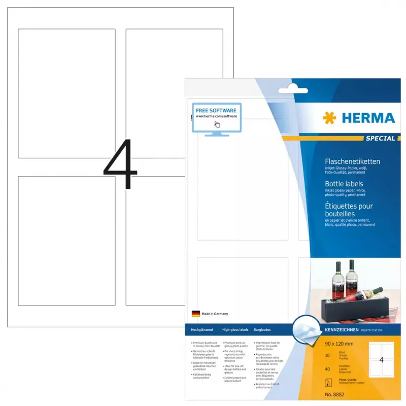Itseliimautuvat tulostetarrat HERMA pullotarrat A4 Inkjet 90x120 mm