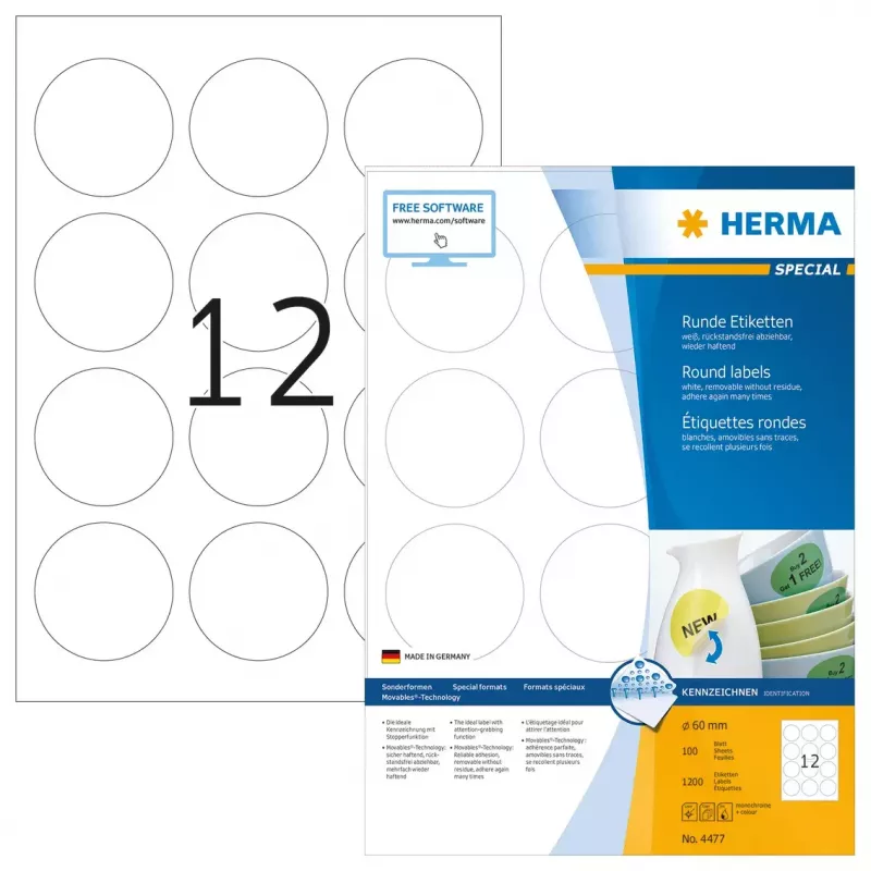 Itseliimautuva tulostetarra HERMA uudelleen irrotettavat tarrat A4 Ø 60 mm
