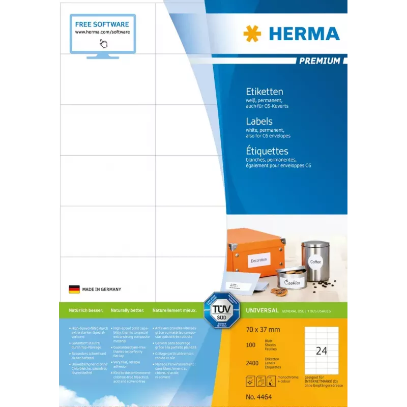 Itseliimautuva tulostetarra HERMA Labels Premium A4 70x37 mm