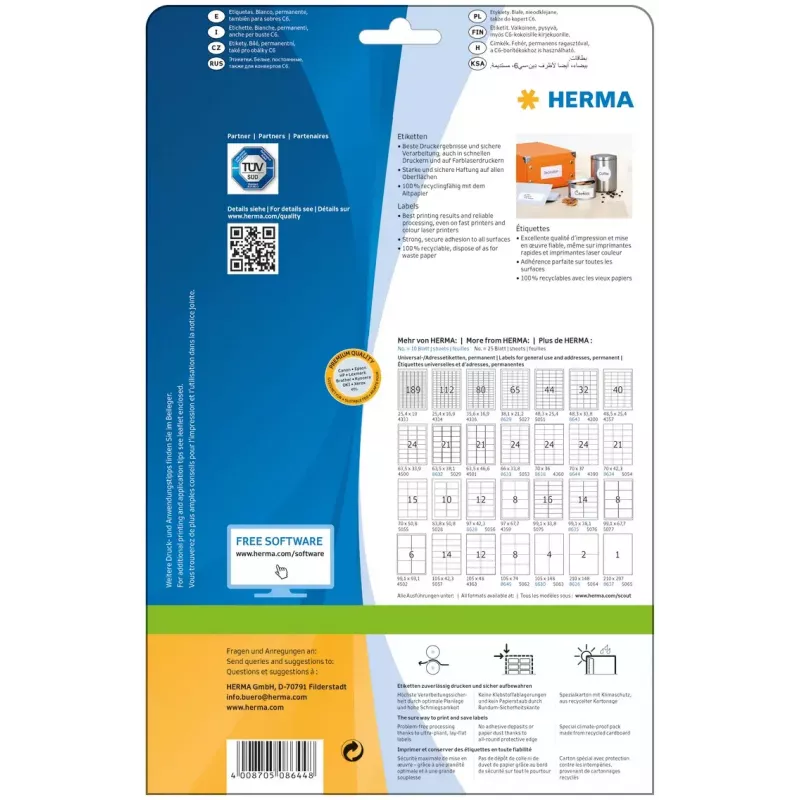 Itseliimautuvat tulostetarrat HERMA Labels Premium A4 70x37 mm