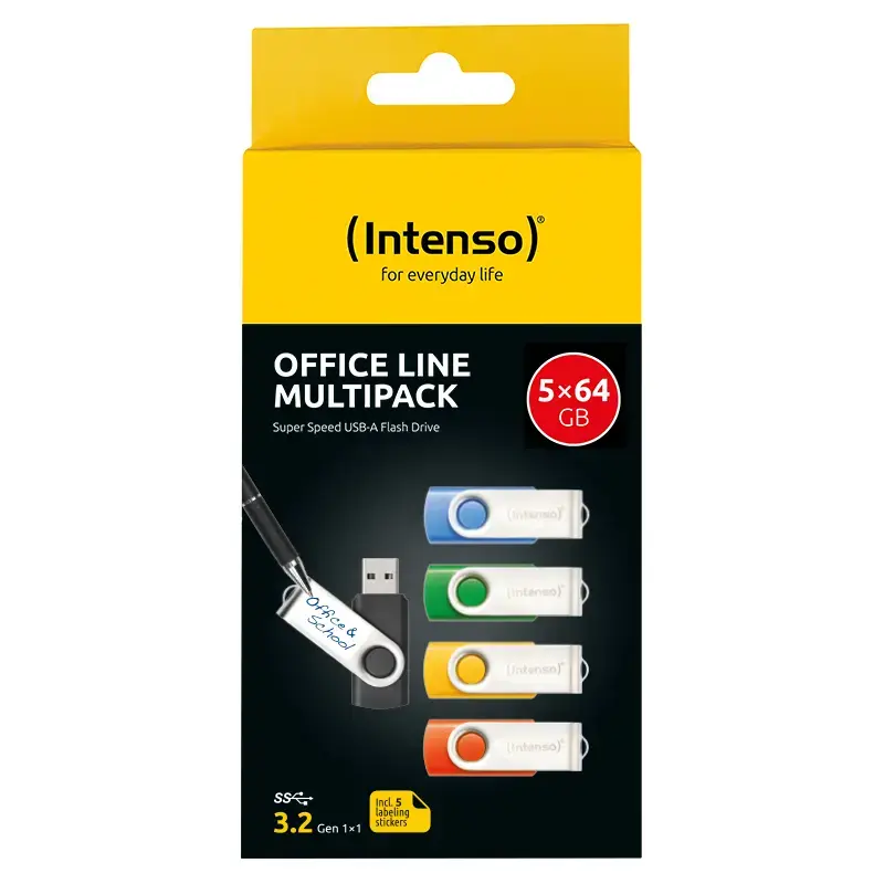 INTENSO Office Line USB-muistitikku monipakkaus 5×64 GB, USB-A, USB 3.2 Gen 1, Swivel, monivärinen