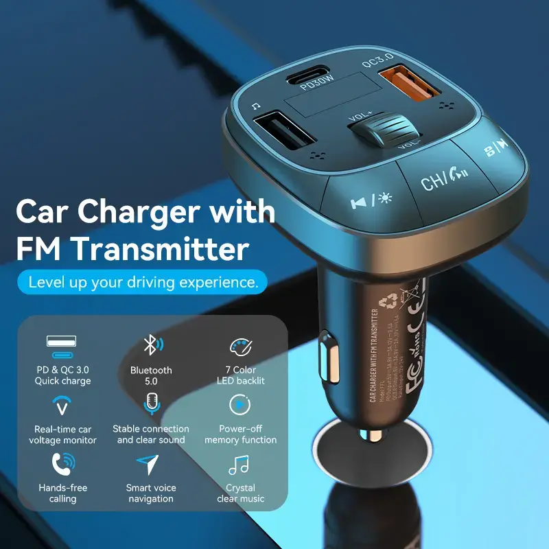 Vention FFLB0 autolaturi FM-lähettimellä, Bluetooth 5.0, 3 USB-porttia (USB-C + 2× USB-A), 30 W PD, 30 W/18 W/5 W, musta