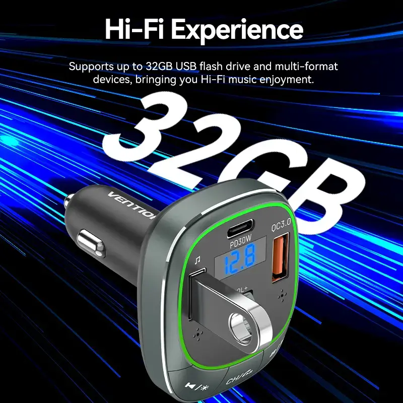 Vention FFLB0 autolaturi FM-lähettimellä, Bluetooth 5.0, 3 USB-porttia (USB-C + 2× USB-A), 30 W PD, 30 W/18 W/5 W, musta