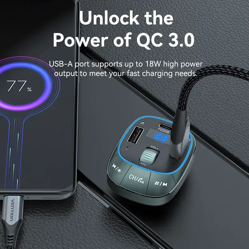 Vention FFLB0 autolaturi FM-lähettimellä, Bluetooth 5.0, 3 USB-porttia (USB-C + 2× USB-A), 30 W PD, 30 W/18 W/5 W, musta