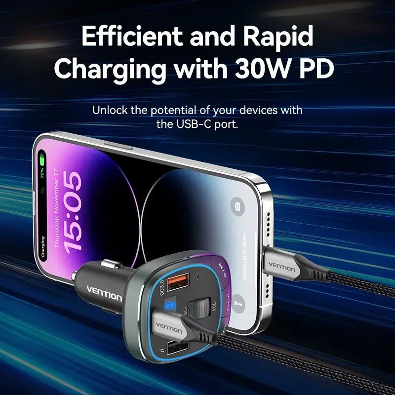 Vention FFLB0 autolaturi FM-lähettimellä, Bluetooth 5.0, 3 USB-porttia (USB-C + 2× USB-A), 30 W PD, 30 W/18 W/5 W, musta