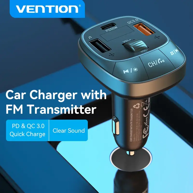 Vention FFLB0 autolaturi FM-lähettimellä, Bluetooth 5.0, 3 USB-porttia (USB-C + 2× USB-A), 30 W PD, 30 W/18 W/5 W, musta