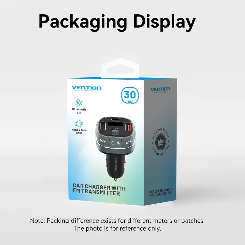 Vention FFLB0 autolaturi FM-lähettimellä, Bluetooth 5.0, 3 USB-porttia (USB-C + 2× USB-A), 30 W PD, 30 W/18 W/5 W, musta