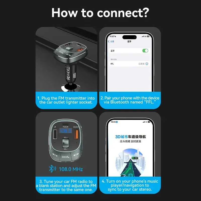 Vention FFLB0 autolaturi FM-lähettimellä, Bluetooth 5.0, 3 USB-porttia (USB-C + 2× USB-A), 30 W PD, 30 W/18 W/5 W, musta