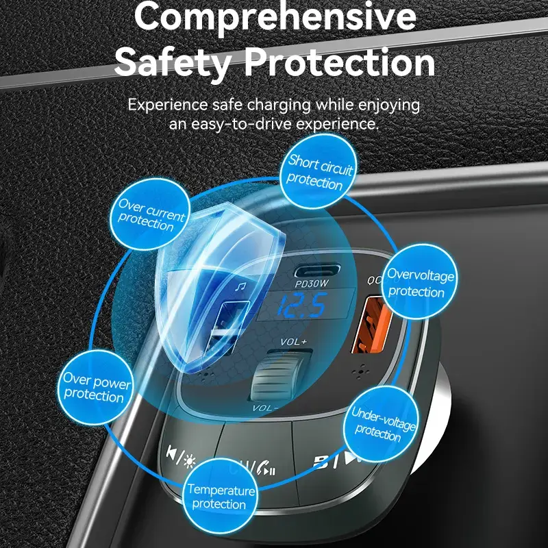 Vention FFLB0 autolaturi FM-lähettimellä, Bluetooth 5.0, 3 USB-porttia (USB-C + 2× USB-A), 30 W PD, 30 W/18 W/5 W, musta