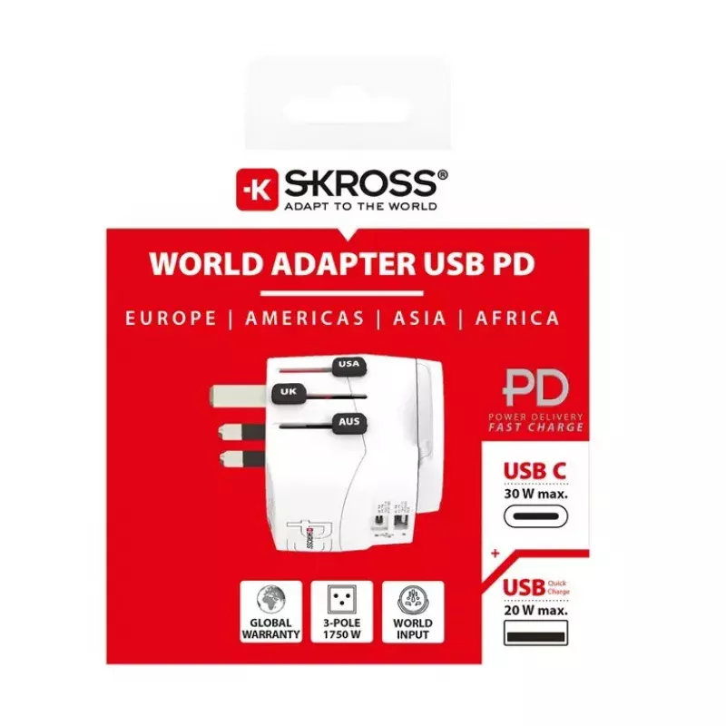 Virtapistokesovitin Skross 61663 Universal valkoinen 100-250V 2,4A USB