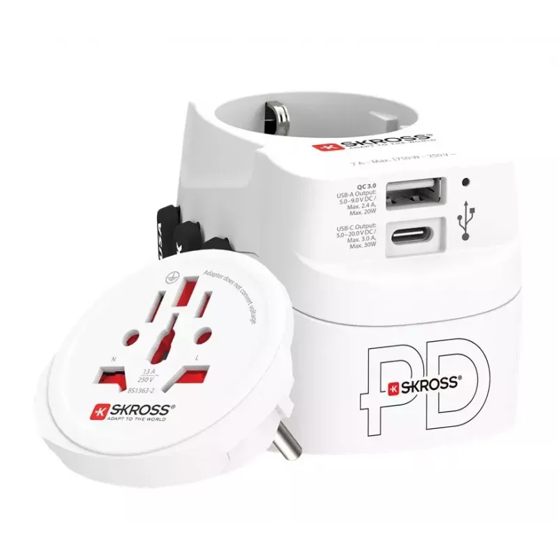 Virtapistokesovitin Skross 61663 Universal valkoinen 100-250V 2,4A USB