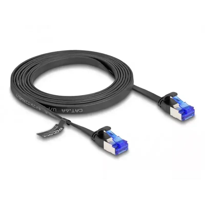 Verkkokaapeli DeLOCK RJ45 litteä liitäntäkaapeli uros-uros Cat.6A 2 m musta
