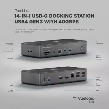 Kannettavan tietokoneen telakka PureLink VL-D200 johdollinen harmaa USB Power Delivery HDMI 2.0
