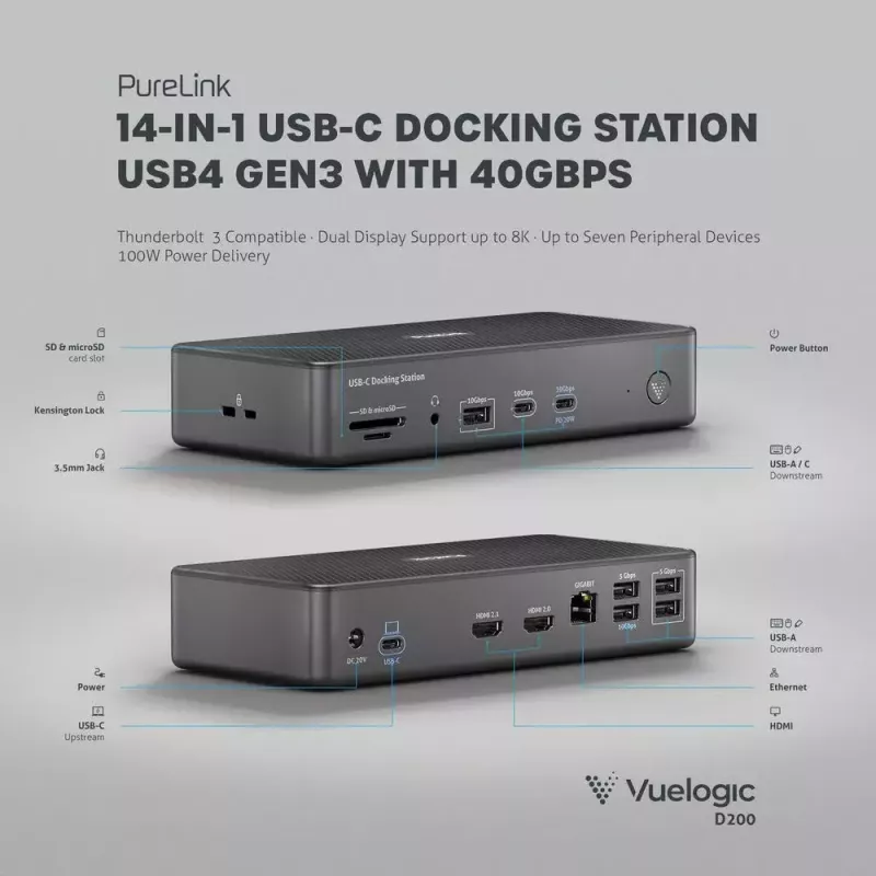 Kannettavan tietokoneen telakka PureLink VL-D200 johdollinen harmaa USB Power Delivery HDMI 2.0