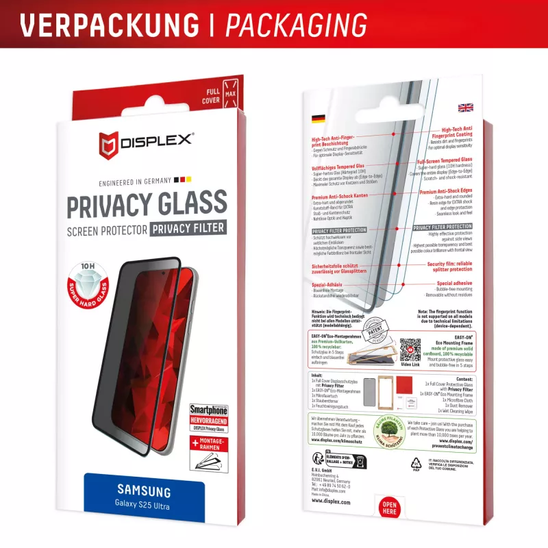 Displex Privacy Screen Protector (10H) Samsung Galaxy S25 Ultralle, Eco-asennuskehys, privacy-suodatin