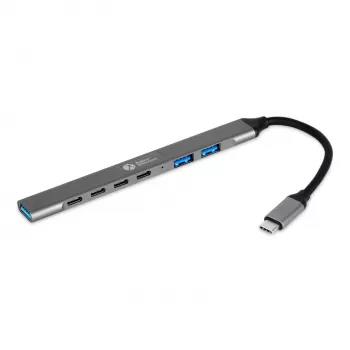 USB-C-keskitin 7-in-1 BakkerElkhuizen BNECHUB3A4C — 7 liitäntää (USB 3.2 Gen1 A, USB 3.2 Gen1 C, USB 2.0), alumiinikotelo, harmaa/musta