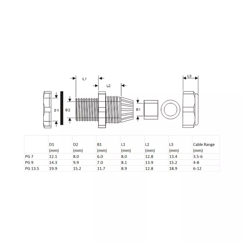 InLine 44010B kaapelin läpivientiholkki PG 7, IP68, 3,5-6 mm, nailonia neopreenitiivisteellä, 10 kpl, musta