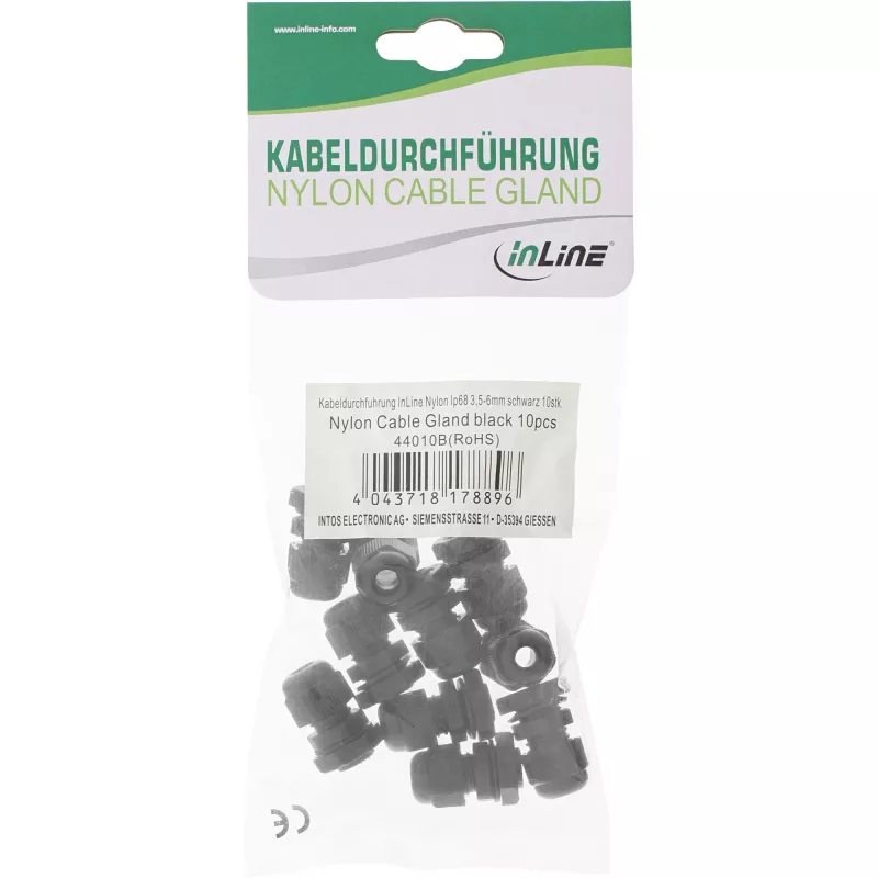 InLine 44010B kaapelin läpivientiholkki PG 7, IP68, 3,5-6 mm, nailonia neopreenitiivisteellä, 10 kpl, musta