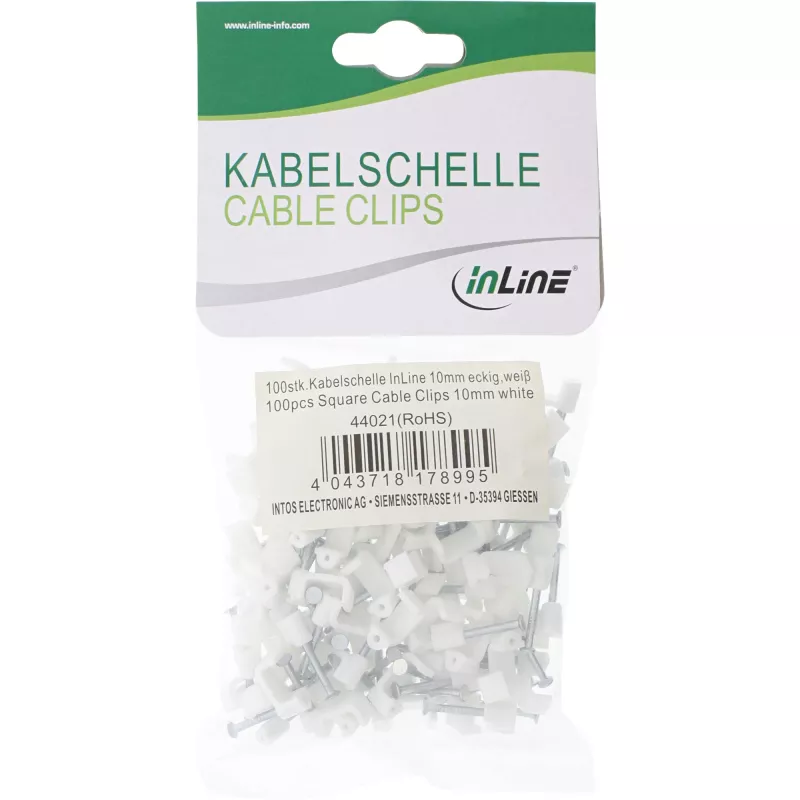 InLine 100 kpl pakkaus neliömäinen kaapelikiinnike 10mm valkoinen